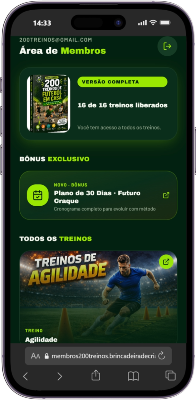 Área de membros do aplicativo 200 Treinos de Futebol